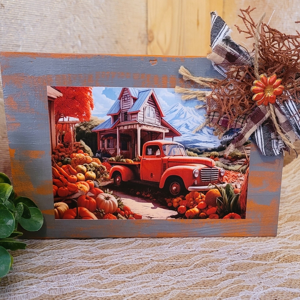 Fall Orange Truck Wood Block